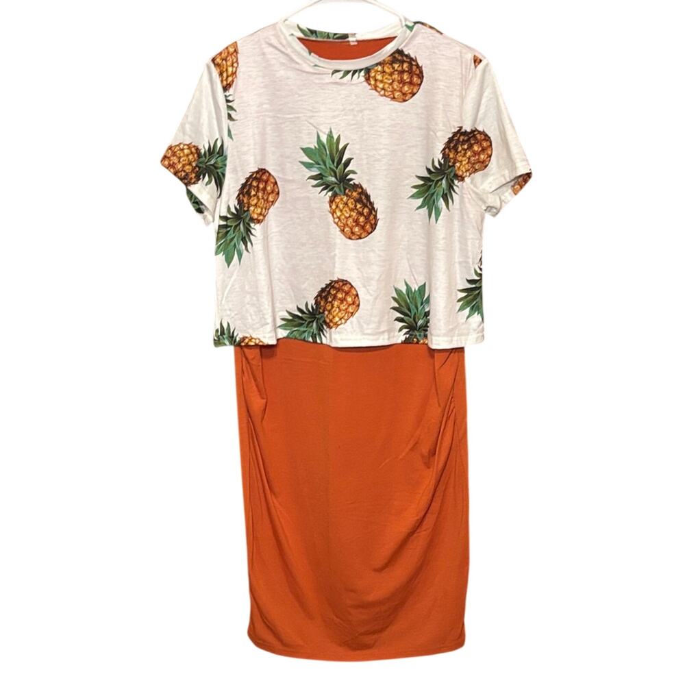 Womens Pineapple Print Faux Layered Dress Orange Bodycon Novelty Size L